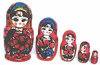 Five Russian Matryoshka dolls in decreasing size, each fitting inside the next